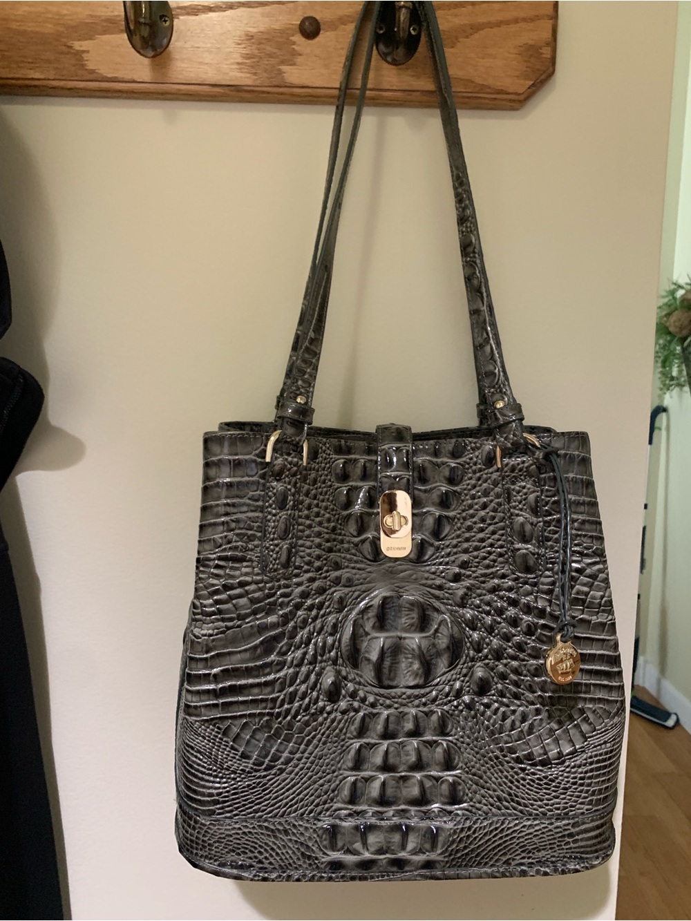Brahmin Hunter Green Croc-Embossed Melbourne Bucket Bag, Gold Accents, dust bag